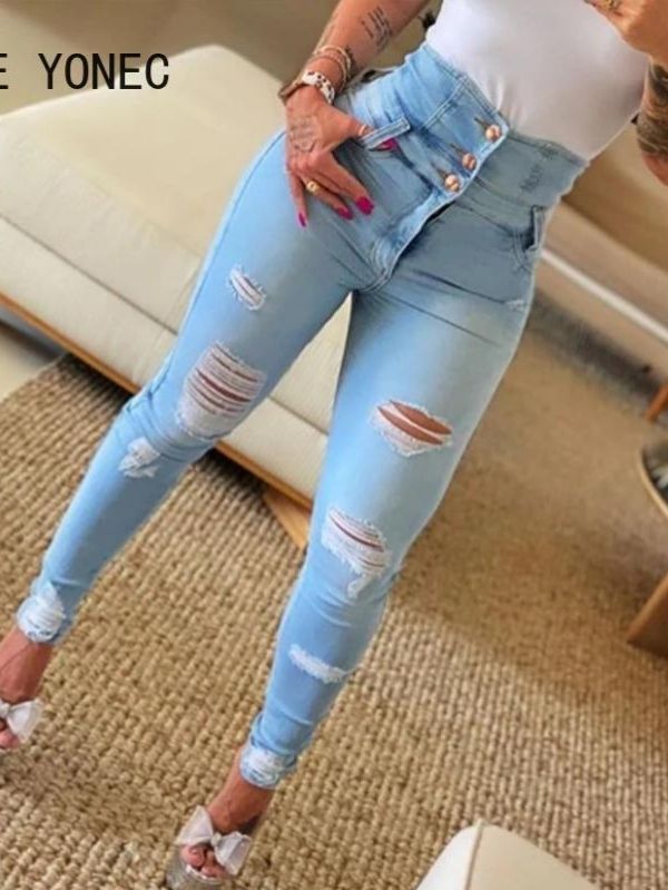 Calça Feminina Jeans Cintura Alta com Botão Vazado - Compre Agora