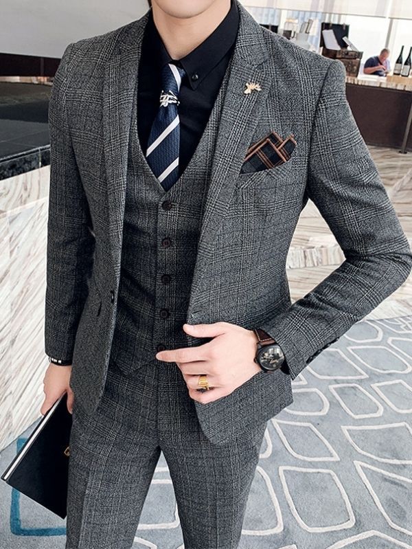Fato xadrez cinza masculino, jaqueta e calça de peito único, blazers estilo  inglês para fumar, traje de negócio bonito, ternos masculinos, 2 peças